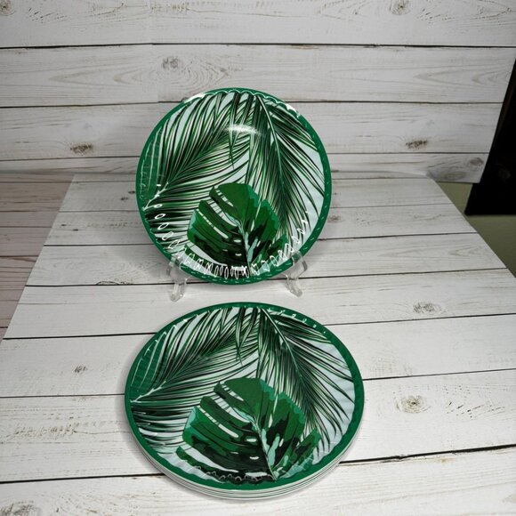 Green Palm Leaf Melamine Salad Lunch Plates Set Of 2 9" Tropical Beach Cottage - Picture 2 of 5